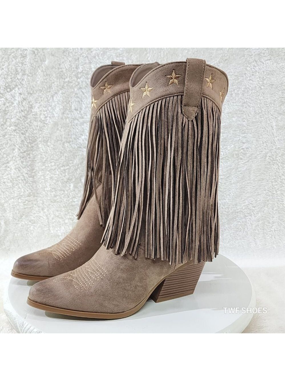 Dusty Roads Mid Calf Coco Taupe Fringe Country Western Cowgirl Boots